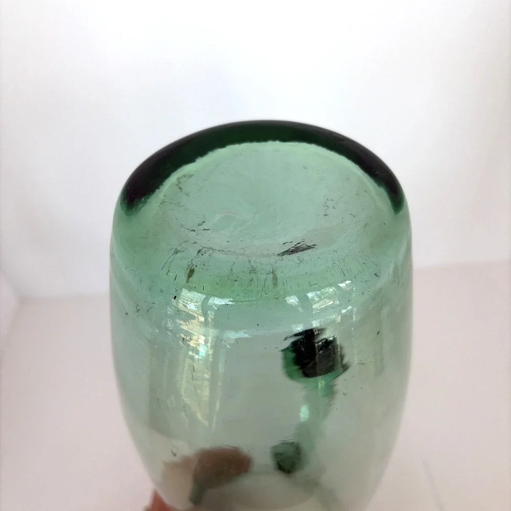 Water Pitcher Carafe with Handle Art Glass Hand Blown Jug Bubbles Green- VTG